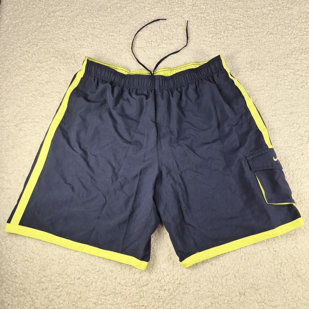 Nike Swim Trunks Board Shorts Men’s XXL Navy Blue Neon Yellow Cargo Pocket Lined